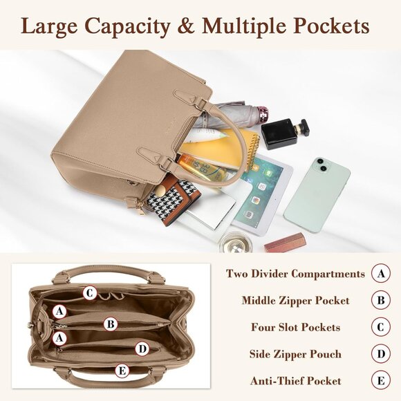 Women Khaki PU leather Top-Handle Waterproof Anti Theft Leather Handbag - Picture 5 of 7